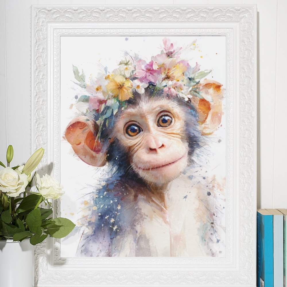 Watercolor Floral Monkey Portrait Wall Art Print Unframed - Playful Jungle Charm - Picture 6 of 6